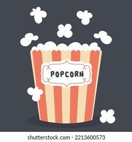Popcorn on a dark background. The icon is in a flat style. Appetizer for cinema, circus and amusement park. A large box with red stripes.