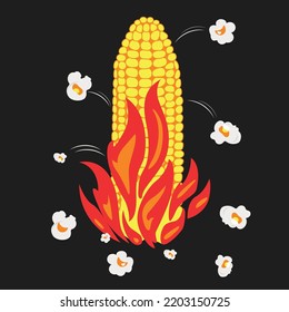 Popcorn on explosion fire vector illustration, popping popcorn, movie time, advertisement poster object, illustration, fire corn.