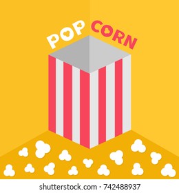 Popcorn on the floor. Red yellow strip square empty paper box. Cinema movie night icon in the wall corner. Flat design style. Red white pop corn text. Yellow background. Isolated. Vector illustration