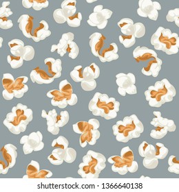 Popcorn on a gray background seamless pattern. Vector illustration of fast food in cartoon simple flat style.