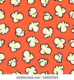Popcorn on red background. Vector seamless hand drawn pattern in the style of 80-90's