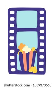 Popcorn on striped box and film strip on white background. Doodle hand drawn vector illustration
