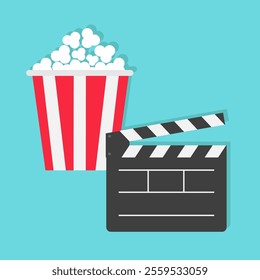 Popcorn Open clapper board icon set. Pop corn. Cinema red white lined box. Movie night banner template. Fast food. Simple Flat design. Isolated. Blue background. Vector illustration