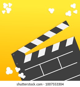 Popcorn. Open clapper board from top down perspective. Air view. Movie Cinema icon set in flat design style. Pop corn popping. Yellow gradient background. Fast food. Vector illustration