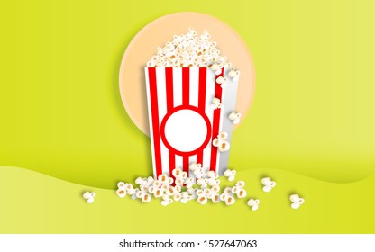 Popcorn pack design. Popcorn box in 3D paper art style design isolated on gradient color background. - Vector 
