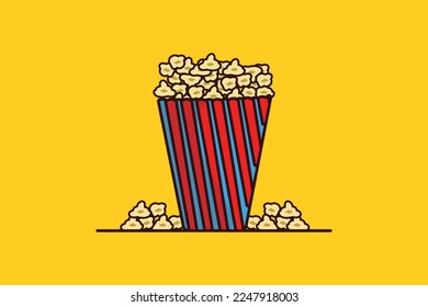 Popcorn In Popcorn Pack vector illustration. Movie cinema icon concept. Snack food. Big red blue strip box with popcorn vector design with shadow on yellow background.