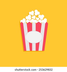 Popcorn package bag with empty label tag. Cinema icon in flat dsign style. Vector illustration
