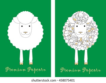Popcorn package design with fun sheep. Fun sheep with popcorn kernels instead of wool. Popcorn packet design.