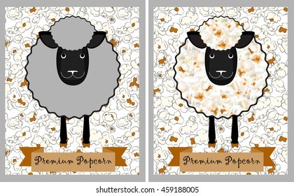 Popcorn package design with funny black sheep. Black sheep with popcorn kernels instead of wool. Design of transparent popcorn packaging.
