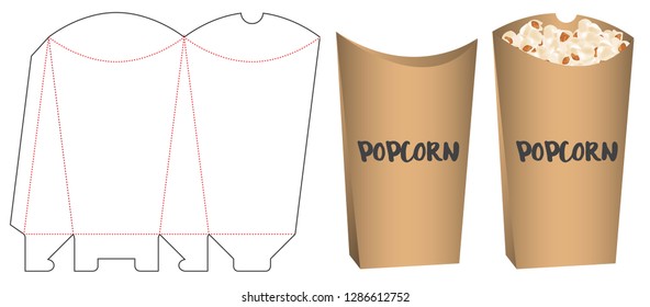 popcorn packaging die cut template design. 3d mock-up