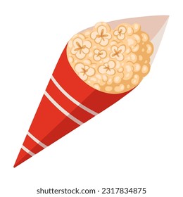 Popcorn paper bag. Tasty popcorn, salty or sweet flavour tv or movie watching snack flat vector illustration