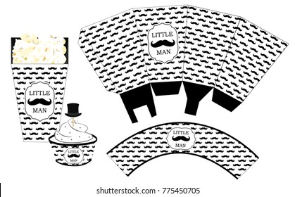 Popcorn paper box. Cupcake wrapper. Printable template for little man's birthday(baby shower boy) party. Black and white pattern. Print and cut. Fast folded. Mustache bash. Classic trendy style