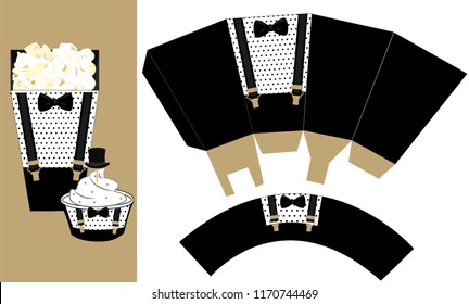Popcorn paper box and cupcake wrapping with suspenders and bow tie. Printable template for little man's birthday (father's day) party. Candy bar printing element with hat topper, blueprint packaging