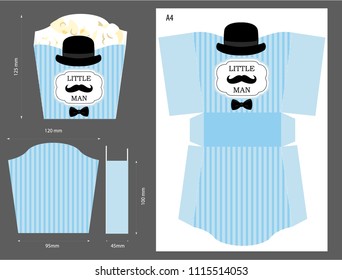 Popcorn paper box. Wrapper for sweet table. Printable template for little man's birthday(baby shower boy) party. Blue stripes pattern. Print and cut. Fast folded. Mustache bash. Favor vector gift. 