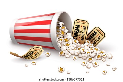 Popcorn in paper bucket. Full cup for snacks in movie theater fast food. Gold cinema tickets for film entertainment. Realistic, isolated on white transparent background. Eps10 vector illustration.