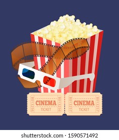 Popcorn in paper containter, glasses for watching in 3d format, cinema tickets with numbers and filmstrip. Movie equipments, coupon and food vector