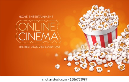 Popcorn in paper cup bucket. Online movies banner template, poster concept with copyspace, place for text. Container full of pop corn snacks in movie theater. Fast food. Vector illustration.