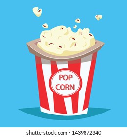 Popcorn in paper cup buckets. Fast food for cinema entertainment. Flat vector illustration in cartoon style.