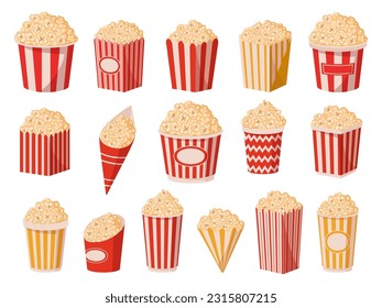 Popcorn paper cups. Cartoon tasty popcorn buckets, salty or sweet flavour tv or movie watching snack flat vector illustration set. Popping corn bucket collection