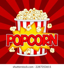 Popcorn in paper striped bucket. Illustration of snack food in cartoon style.