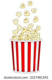 Popcorn in paper striped bucket. Illustration of snack food in cartoon style.