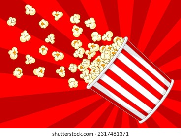 Popcorn in paper striped bucket. Illustration of snack food in cartoon style.