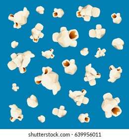 Popcorn Pattern Background on Blue Snack Food for Entertainment, Leisure or Cinema. Vector illustration