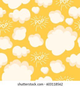 Popcorn pattern. Bright seamless background with pop on a yellow background.