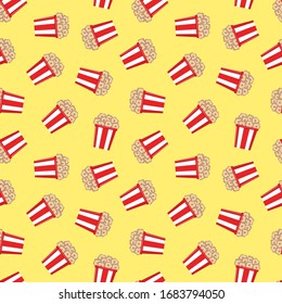 Popcorn pattern. Illustration of popcorn buckets in flat style on a yellow background. Vector 8 EPS.