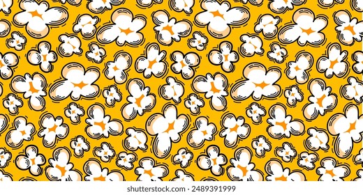 Popcorn pattern for packaging snacks. Popcorn fluffy flakes pattern. Popcorn Background pattern. doodle popcorn seamless pattern background.