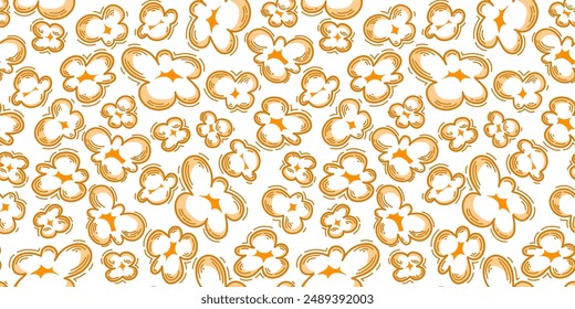 Patrón de palomitas de maíz para empacar bocadillos. Patrón de escamas esponjosas de palomitas. Patrón de fondo de palomitas de maíz. doodle fondo de patrón sin fisuras palomitas.