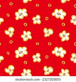 POPCORN PATTERN. Popcorn seamless pattern with pop corn snack icons. Vector illustration popcorn pattern background. Red color. Graphic design for pop corn pack. Fast food packaging design for bucket