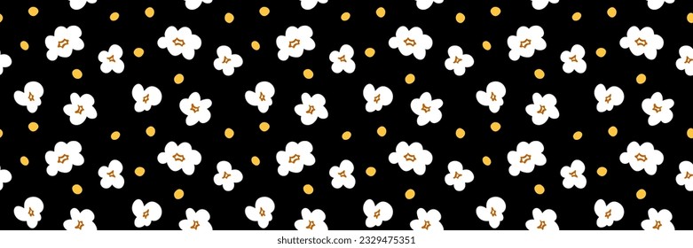 POPCORN PATTERN. Popcorn seamless pattern with pop corn snack icons. Vector illustration popcorn pattern on black background. Graphic design for pop corn pack. Fast food packaging design for bucket