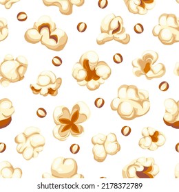 Popcorn pattern. Seamless print of fun snack or TV series and cinema watching, popping corn of various shapes decoration. Vector texture background popcorn pattern illustration