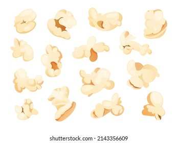 Popcorn pieces set for cinema, movie, food concepts. Cartoon vector illustration.