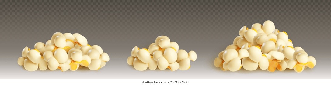 Conjunto de pilas de palomitas de maíz aisladas sobre fondo transparente. Vector ilustración realista de granos de maíz reventados con salado, queso, tocino, sabor dulce de caramelo, apetitoso aperitivo para el entretenimiento del cine