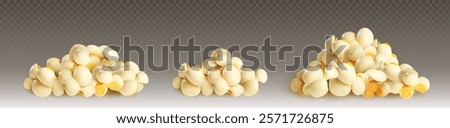 Popcorn piles set isolated on transparent background. Vector realistic illustration of popped corn kernels with salty, cheese, bacon, sweet caramel flavor, appetizing snack for cinema entertainment