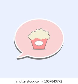 popcorn and pink speech bubble cartoon object on light blue background, vector illustration