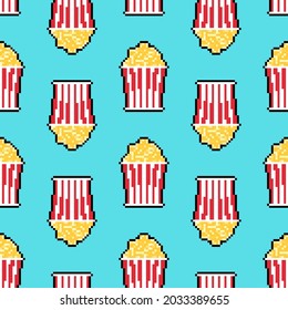 Popcorn pixel art pattern seamless. 8 bit Sweetness background. vector texture