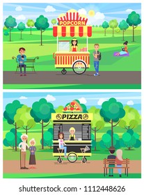Popcorn and pizza shops in green park color banner vector illustration of mobile snack vans with extensive menu, street food store among bushy trees