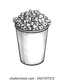 Popcorn in a plastic or paper cup. Ink sketch isolated on white background. Hand drawn vector illustration. Retro style.