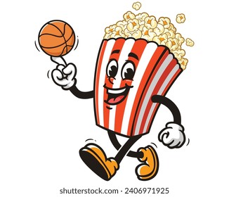 Popcorn playing basketball cartoon mascot illustration character vector hand drawn clip art