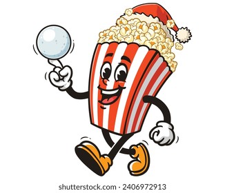 Popcorn playing snowballs and wearing Christmas hats cartoon mascot illustration character vector hand drawn clip art