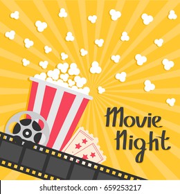 Popcorn popping. Big movie reel. Ticket Admit one. Three star. Cinema movie icon in flat design style. Film strip border. Red yellow strip box. Yellow star burst sunburst wave background Vector