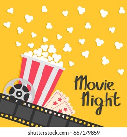 Popcorn popping. Big movie reel. Ticket Admit one. Three star. Cinema movie icon in flat design style. Film strip border. Red yellow strip box. Yellow background Vector illustration