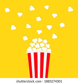 Popcorn popping. Cinema movie night icon. Big size white red strip box. Pop corn food. Cute movie cinema banner decoration template. Flat design style. Yellow background. Isolated. Vector illustration