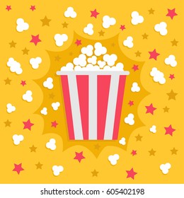 Popcorn popping explosion. Red yellow strip box package. Fast food. Cinema movie night icon in flat design style. Star shadow element. Yellow background. Vector illustration