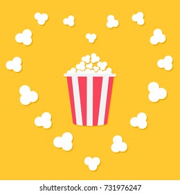 Popcorn popping in heart frame. Red yellow strip box. Cinema movie night icon in flat design style. Yellow background. Isolated. Vector illustration