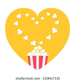 Popcorn popping. Heart shape frame. Red yellow strip box. I love inema movie night icon in flat design style. Yellow background. Isolated. Vector illustration