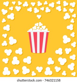 Popcorn popping. Heart shape frame. Red yellow strip box. Cinema movie night icon. Tasty food. Flat design style. Yellow background. Vector illustration